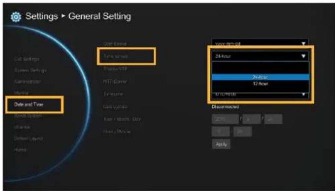 Settings ▶ General Setting Date and Time Sound & Back Water Offset Lock Time Signal Faster/FTP PRT Corne Telephone Last Update User Launch Data Power Monitor 12 Hour 100 MHz 24 Hour X-axis 12 Hour Disconnected: 25% Apply