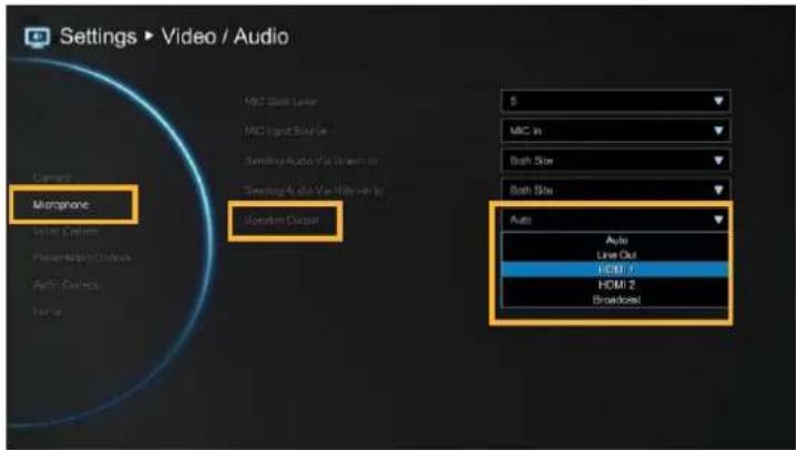 Settings ▶ Video / Audio Current Morphone Voice Outputs Presentation Channels Audio Colors Home MCC Data Layer MCC Signal Base Line Sending Audio Via Umbra Sending Audio Via Hinter Spectrum Output 5 MIC in Bath Size Bath Size Auto Auto Line Out HDMI 7 HDMI 2 Broadband