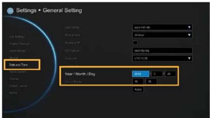 Settings ▶ General Setting Date and Time Year / Month / Day 2014 3 20 16 35 Apply