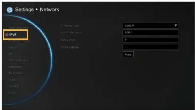 Settings ▶ Network IPv6 Static IP 1:00-1 T Apply