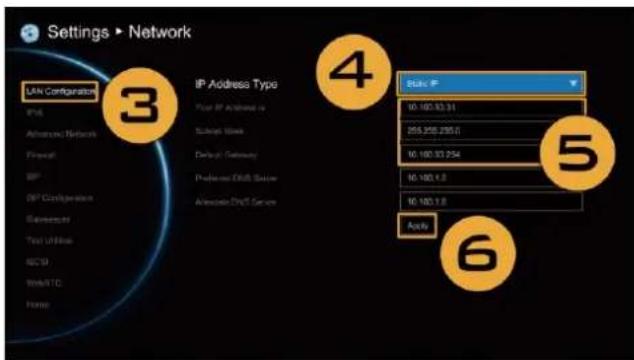 Settings > Network LAN Configuration IPB Advanced Network Protocol SPF SPF Configuration Server(s) Test Utilise 80%9 Web/TC Home IP Address Type Prior IP Address to Subscript block Default Security Preferred OSB Service Advanced OSB Service Bute IP 10.100.93.31 255.255.255.0 10.100.93.254 10.100.1.0 10.100.1.0 Apply 4 5 6