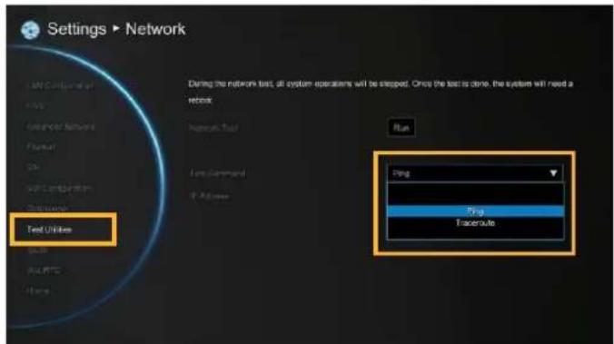 Settings ▶ Network LAN Configurant F1 Service Network F2 OS WFC Configuration Description Test Utilities During the network test, all system operations will be stopped. Once the test is done, the system will need a remote. Report Test Test Command If Address Run Ring Ring Traceroute