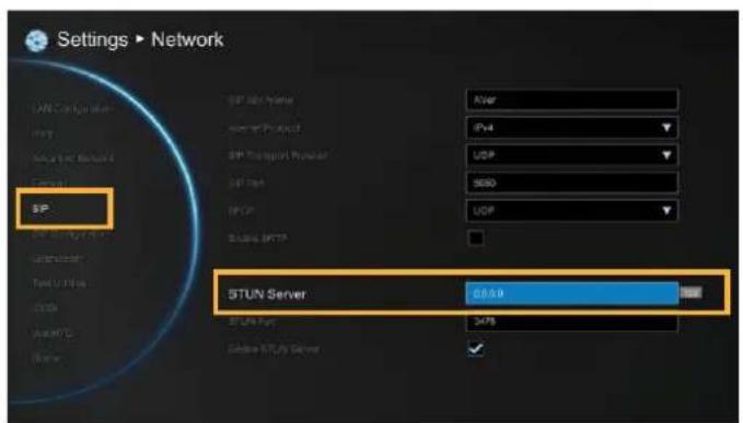 Settings ▶ Network SIP SIP User Name IPv4 SIP Provider UDP 5000 SIP Port UDP STUN Server 63.0.0 STUN Port 2478 Database STUY Server ✓