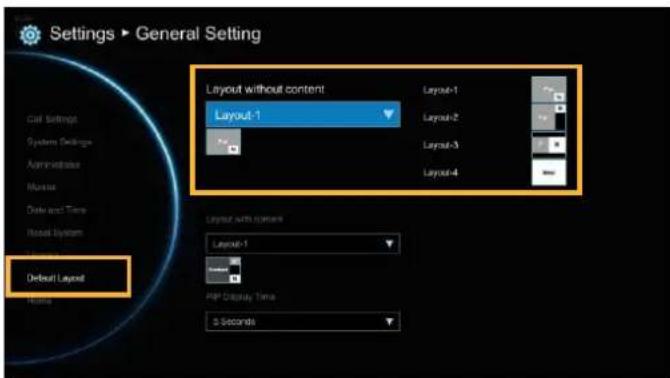 Settings ▶ General Setting Layout without content Layout-1 Layout-1 Layout-2 Layout-3 Layout-4 Default Layout Default System Settings Administrative Misease Data and Time Rout System Layout with content Layout-1 PAP Display Time 5 Seconds