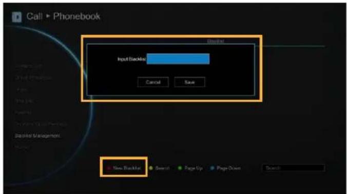 Call > Phonebook Input BlackMac Cancel Save New BlackMac Search Page Up Page Down Search