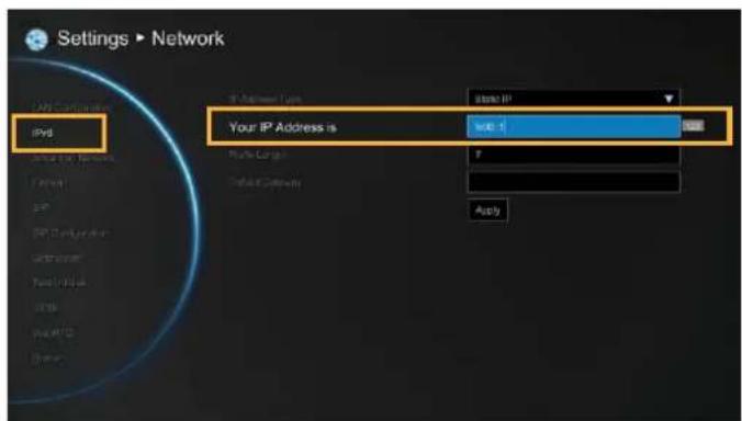 Settings ▶ Network IPVd Your IP Address is Wu: 1 State IP Route Length: Default Category: Apply