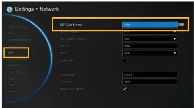 Settings ▶ Network SIP Site Name Fixed SIP TCP Address SIP Transport Distance SIP Path SICP Source 2017 SUN Server SUN Path Enable SUN Server 0.00 3478