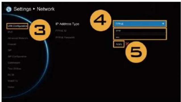 Settings ▶ Network LINK Configuration IP Address Type FVYOC 50 FVYOC Resource 4 FVYOC and Apply 3 5