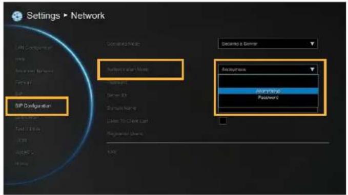 Settings > Network SIP Configuration Access to Server Access to Server Name Access to Web Access to Email Access to Client Card Access to User Access to Password Access to Password Access to Password