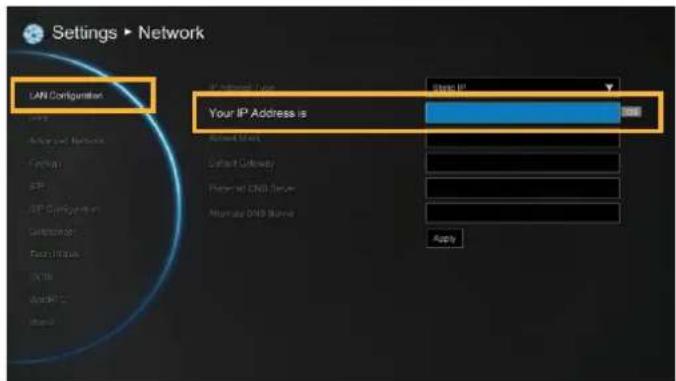 Settings ▶ Network LAN Configmnter Address Type: Step IP Your IP Address is Default Start Default Directory Program ID: CNB Server Alternate CNB Server Apply