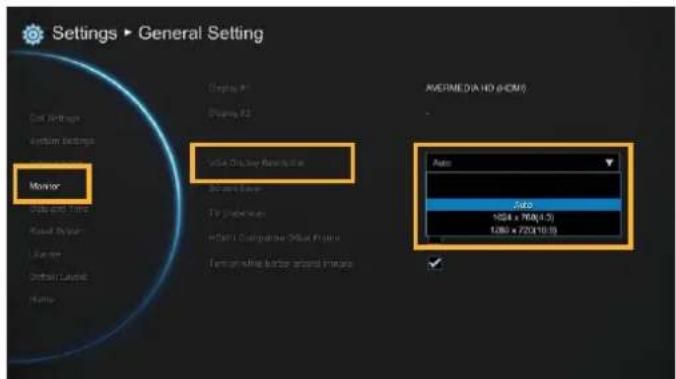 Settings ▶ General Setting Display #1 Display #2 Display Format Display Format Resolution Auto Video 100A x 70A(4.5) 128A x 720(10.9) AVERM D:\HD (HOM) Monitor Data and Time Render Wizard Custom Default Display Audio