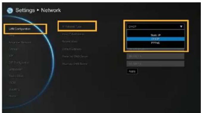 Settings ▶ Network LAN Configuration IP Networks Type State IP DHCP PPPoE DHCP State IP DHCP PPPoE Apply
