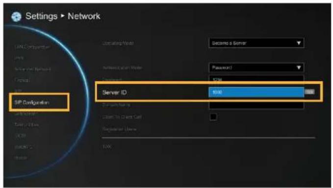 Settings > Network SIP Configuration SIP Configuration Server ID 1000 Become a Server Password! Password: 1736 Duration Setting Class to Class Call Registered User 1.000