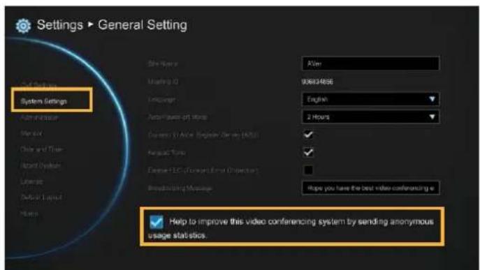 Settings ▶ General Setting System Settings Active/Inactive Main User Clear and Trace Absent Oxytocin Latente Default Linked Help Site Name: After Listing ID: 936034858 Language: English Active/Inactive Online: 2 Hours Current U-Active English (On the NASC) Regular Tools Degree F.C. (Forward Error Projection) Building Message: Hope you have the best video conferencing as Help to improve this video conferencing system by sending anonymous usage statistics.