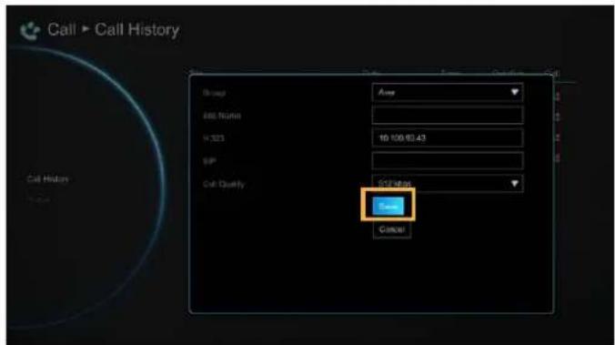 Call ▶ Call History Group Airer set Number 10 100.60.43 SIP Call Quality SET Method Cancel