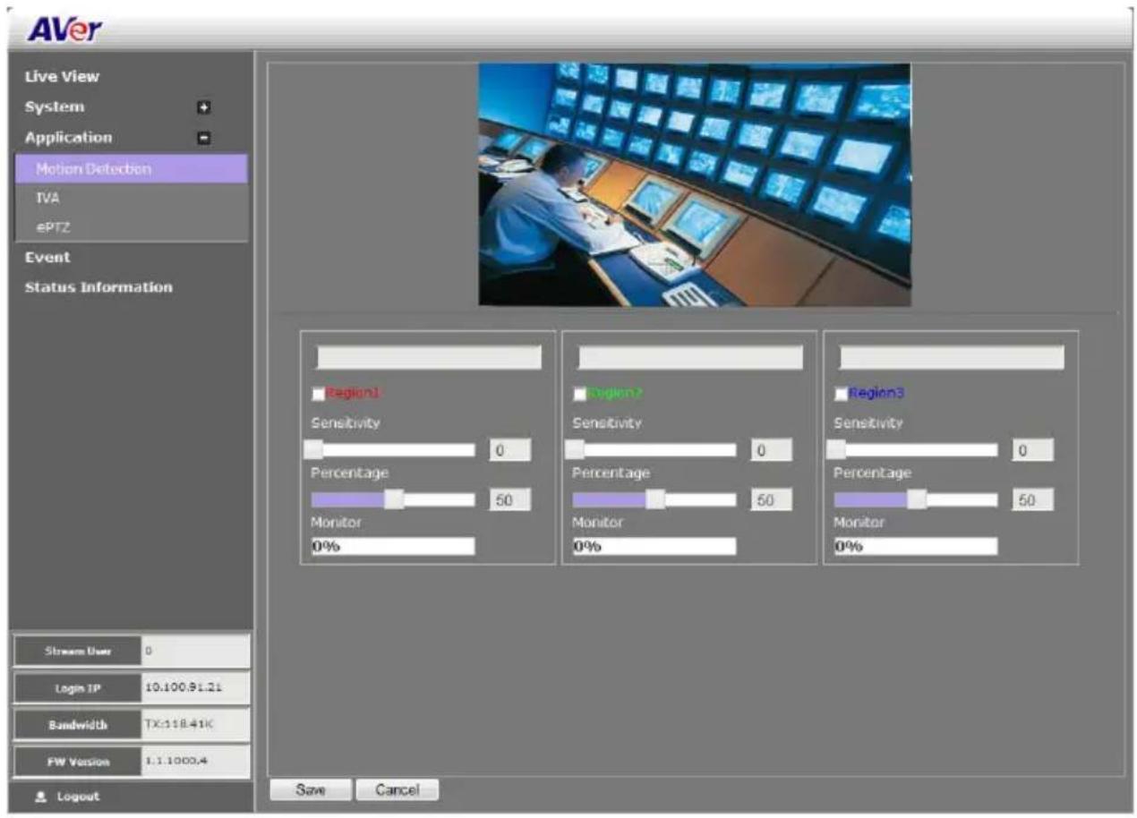 AVer Live View System Application Motion Detection TVA ePTZ Event Status Information Stream User 0 Login IP 10.100.91.21 Bandwidth TX:118.41K FW Version 1.1.1000.4 Logout Save Cancel Region1 Sensitivity 0 Percentage 50 Monitor 0% Region2 Sensitivity 0 Percentage 50 Monitor 0% Region3 Sensitivity 0 Percentage 50 Monitor 0%