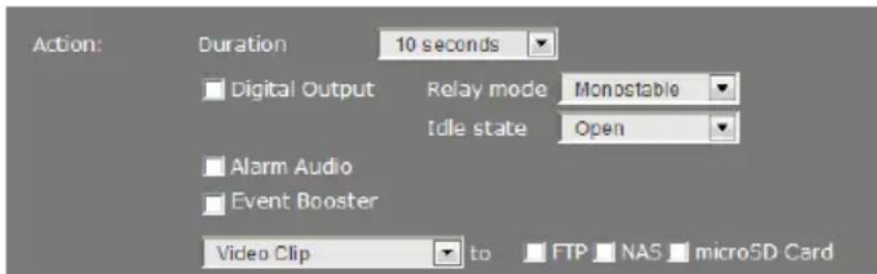 Action: Duration 10 seconds Digital Output Relay mode Monostable Idle state Open Alarm Audio Event Booster Video Clip to FTP NAS micro5D Card