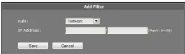 Add Filter Rule: Network IP Address: Save Cancel