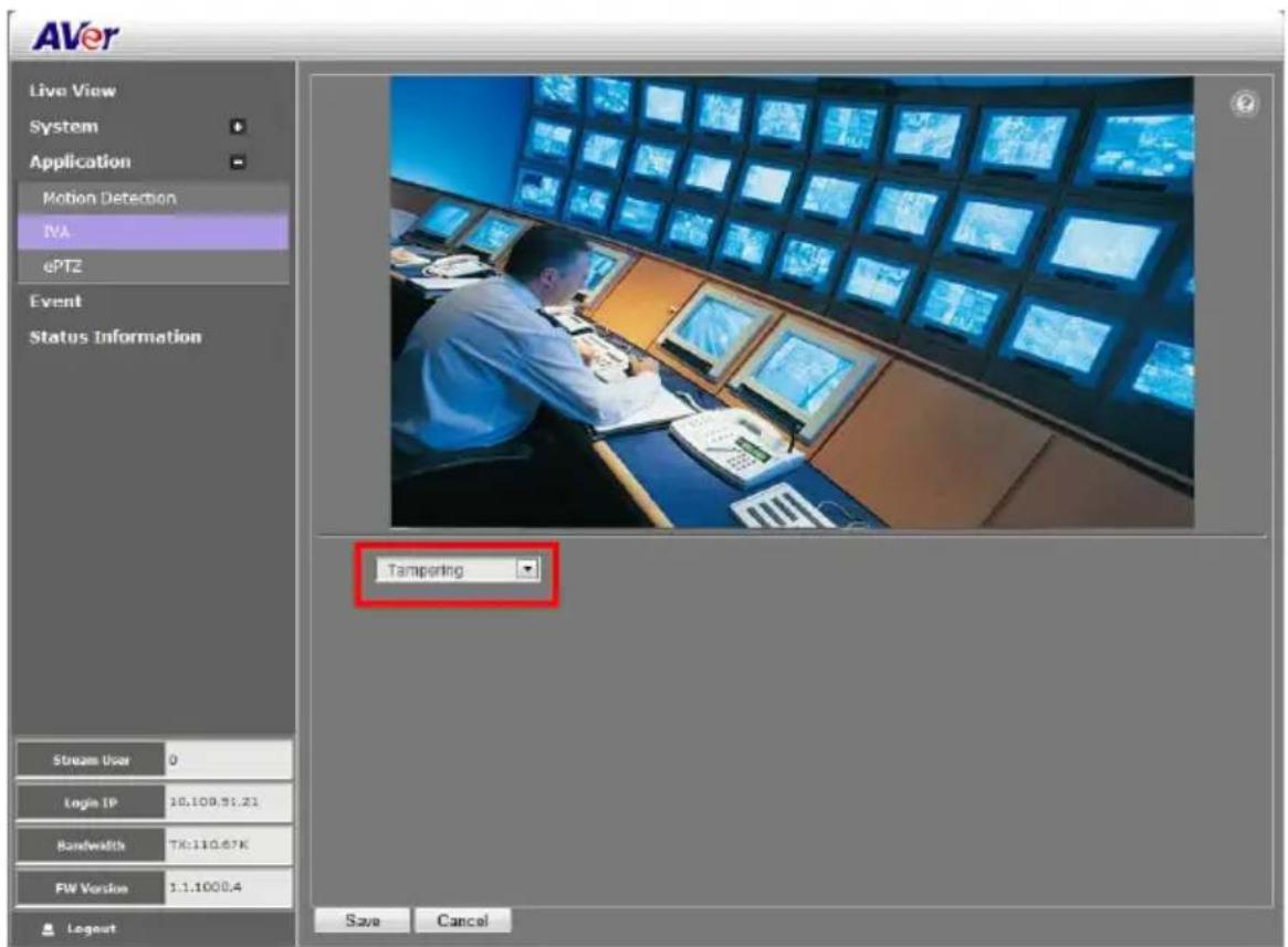 AVer Live View System Application Motion Detection IVA ePTZ Event Status Information Stream User 0 Login IP 10.109.51.21 Bandwidth TX:110.67K FW Version 1.1.1000.4 Logout Tampering Save Cancel