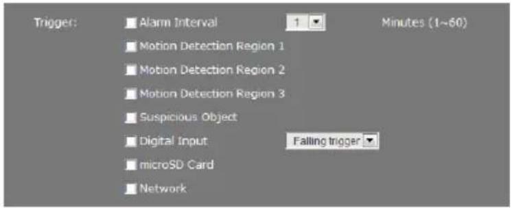 Trigger: Alarm Interval Motion Detection Region 1 Motion Detection Region 2 Motion Detection Region 3 Suspicious Object Digital Input Falling trigger microSD Card Network Minutes (1~60)