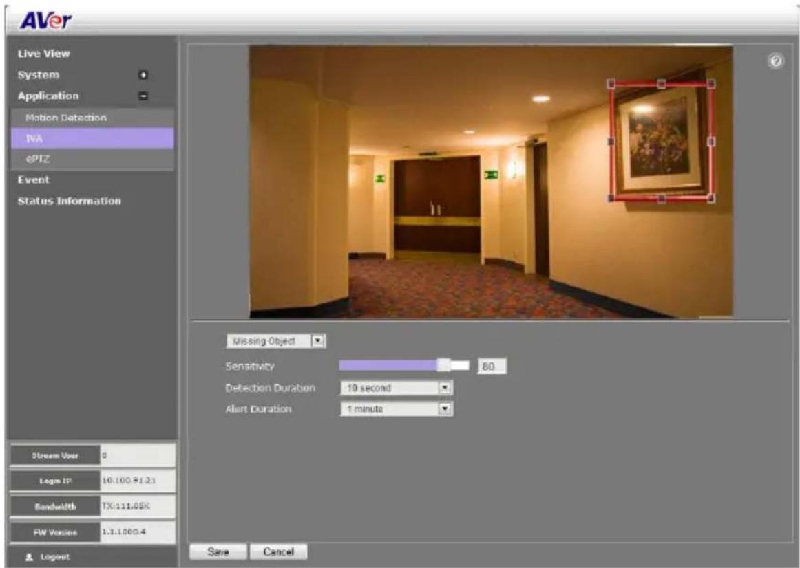 AVer Live View System Application Motion Detection IVA ePTZ Event Status Information Missing Object Sensitivity 80 Detection Duration 19 second Alert Duration 1 minute Stream User 0 Login IP 10.100.9:21 Bandwidth TX:111.05K FW Version 1.1.1000-4 Logout Save Cancel