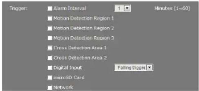 Trigger: ■ Alarm Interval 1 Minutes (1~60) ■ Motion Detection Region 1 ■ Motion Detection Region 2 ■ Motion Detection Region 3 ■ Cross Detection Area 1 ■ Cross Detection Area 2 ■ Digital Input Falling trigger ■ microSD Card ■ Network