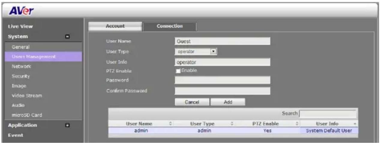 AVer Live View System General Users Management Network Security Image Video Stream Audio microSD Card Application Event Account Connection User Name Guest User Type operator User Info operator PTZ Enable Enable Password Confirm Password Cancel Add Search User Name User Type PTZ Enable User Info admin admin Yes System Default User