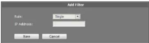 Add Filter Rules: Single IP Address: Save Cancel