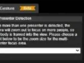 Gesture Presenter Detection More than one presenter is detected, the a will zoom out to focus on more people, so body is framed into the view. Please choose a below to be the zoom size for the multi- center focus area.