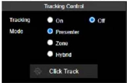 Tracking Control Tracking ● On ● Off Mode ● Presenter ● Zone ● Hybrid Click Track