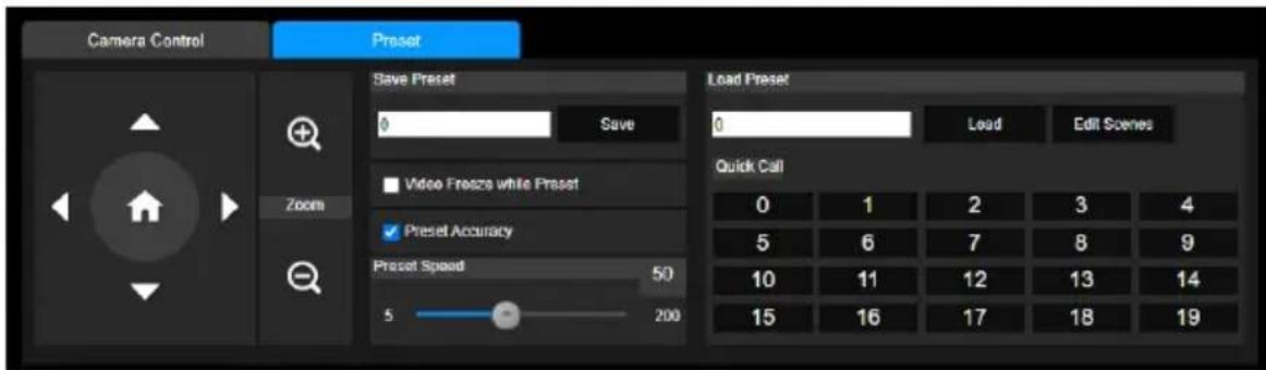 Camera Control Preset Save Preset 0 Save Video Freeze while Preset Preset Accuracy Preset Speed 50 5 200 Load Preset 0 Load Edit Scenes Quick Call 0 1 2 3 4 5 6 7 8 9 10 11 12 13 14 15 16 17 18 19