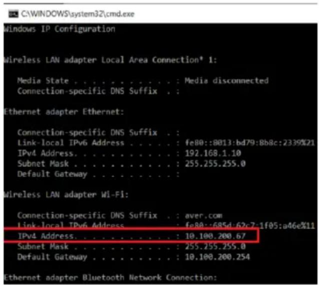 C:\WINDOWS\system32\cmd.exe Windows IP Configuration Wireless LAN adapter Local Area Connection* 1: Media State . . . . . . . . . . : Media disconnected Connection-specific DNS Suffix . : Ethernet adapter Ethernet: Connection-specific DNS Suffix . : Link-local IPv6 Address . . . . . : fe80::8013:bd79:8b8c:2339%21 IPv4 Address. . . . . . . . . . : 192.168.1.10 Subnet Mask . . . . . . . . . : 255.255.255.0 Default Gateway . . . . . . . . : Wireless LAN adapter Wi-Fi: Connection-specific DNS Suffix . : aver.com Link-local IPv6 Address . : fe80::685d:62c7-1f05:a46e%11 IPv4 Address. . . . . . . . . : 10.100.200.67 Subnet Mask . . . . . . . . : 255.255.255.0 Default Gateway . . . . . . . : 10.100.200.254 Ethernet adapter Bluetooth Network Connection: