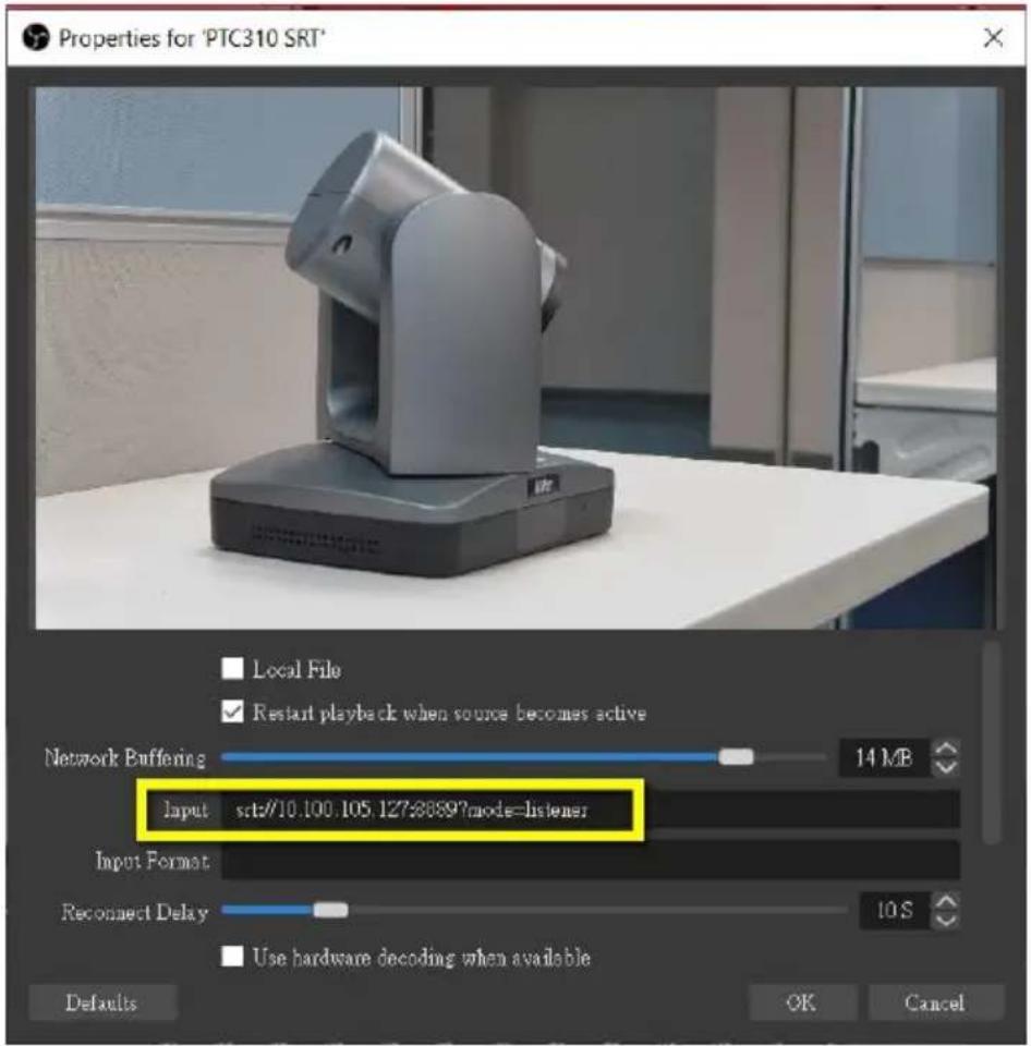 Properties for 'PTC310 SRT' Local File Restart playback when source becomes active Network Buffering 14 MB Input sct#/10.100.105.1278889?mode=Listener Input Format Reconnect Delay 10 S Use hardware decoding when available Defaults OK Cancel