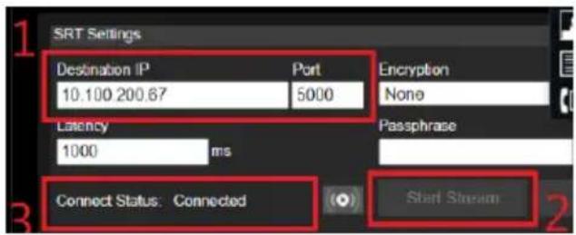 SRT Settings Destination IP Port Encryption 10.100 200.67 5000 None Latency 1000 ms Passphrase Connect Status: Connected Start Stream