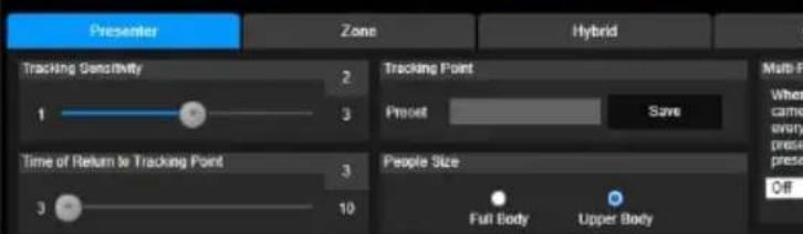 Presenter Zone Hybrid Tracking Sensitivity 1 2 3 Time of Return to Tracking Point 3 10 Tracking Point Preset Save People Size Full Body Upper Body Multi P When came every please presce Off
