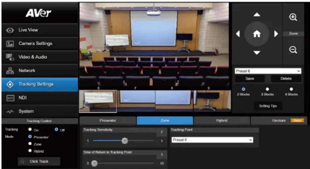 AVer Live View Camera Settings Video & Audio Network Tracking Settings NDI System Tracking Control Tracking On Off Mode Presenter Zone Hybrid Click Track 6 7 8 9 Presenter Zone Hybrid Gesture Sets Tracking Sensitivity 2 Tracking Point 1 3 Preset 6 Time of Return to Tracking Point 3 3 10