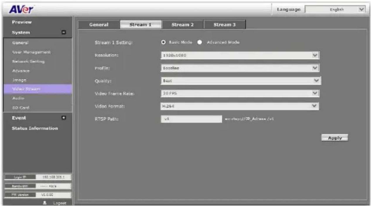 AVer Language English Preview System General User Management Network Setting Advance Image Video Stream Audio 50 Card Event Status Information General Stream 1 Stream 2 Stream 3 Stream 1 Settings: Basic Mode Advanced Mode Resolution: 1920x1080 Profile: Baseline Quality: Best Video Frame Rate: 30 FPS Video Format: H.254 RTSP Path: v1 wcrhttp://IP_Access/vt Apply Logit IP 192.168.261.1 EndNote: - - - - - - - - FVI Version V2.0.00 Layout