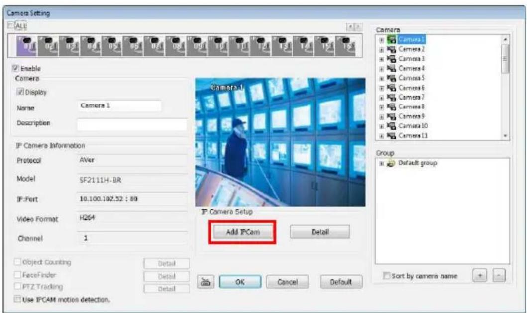 Camera Setting ALL Enable Camera Display Name Camera 1 Description IP Camera Information Protocol AVer Model SF2111H-BR IP:Port 10.100.102.52 : 80 Video Format H264 Channel 1 Group Default group IP Camera Setup Add IFCam Detail Object Counting FaceFinder PTZ Tracking Use IPCAM motion detection. OK Cancel Default Sort by camera name + -