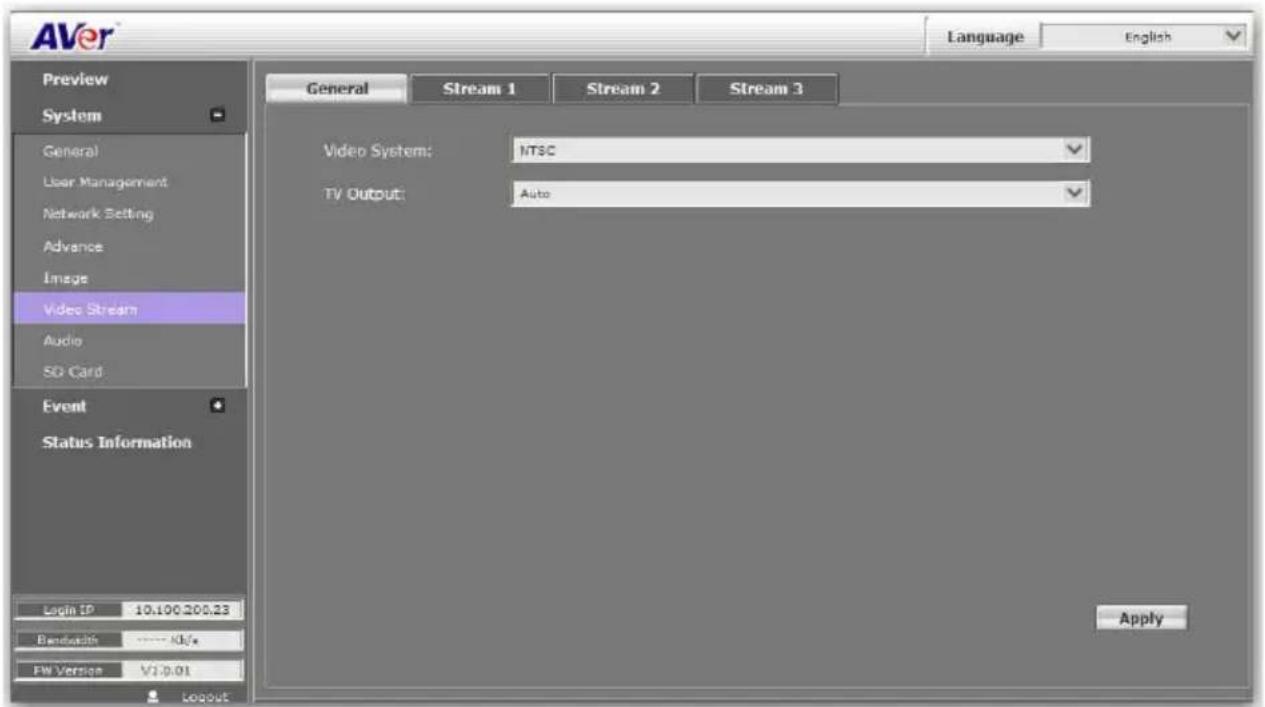 AVer Language English Preview System General User Management Network Setting Advance Image Video Stream Audio 5D Card Event Status Information General Stream 1 Stream 2 Stream 3 Video System: MTSC TV Output: Auto Login IP 10.100.200.23 Bandwidth **** KI/V* FW Version V7.0.01 Apply