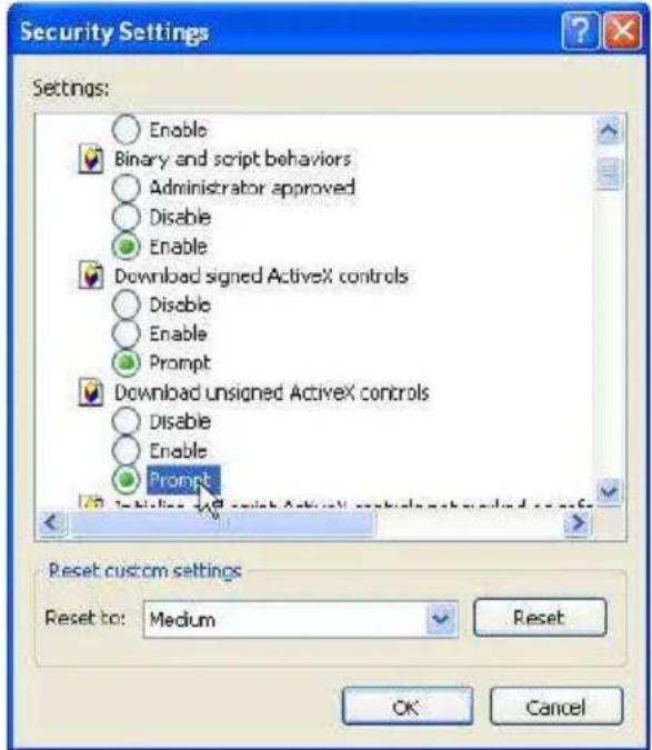Security Settings Settings: Enable Binary and script behaviors Administrator approved Disable Enable Download signed ActiveX controls Disable Enable Prompt Download unsigned ActiveX controls Disable Enable Prompt Reset custom settings Reset to: Medium Reset OK Cancel