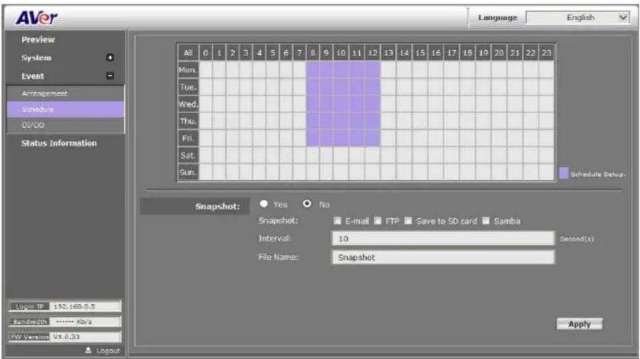 AVer Language English Preview System Event Arrangement Schedule 01/00 Status Information All 0 1 2 3 4 5 6 7 8 9 10 11 12 13 14 15 16 17 18 19 20 21 22 23 Mon. Tue. Wed. Thu. Fri. Sat. Sun. Schedule Setup. Snapshot: Yes No Snapshot: E-mail FTP Save to SD card Samba Interval: 10 Second(s) File Name: Snapshot Login TP 192.168-0.5 Bandwidth ...... Kb/s FW Version V1.0.33 Apply