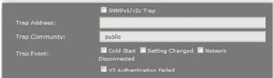SNMPv1/v2c Trap Trap Address: Trap Community: public Trap Event: Cold Start Setting Changed Network Disconnected V3 Authentication Failed