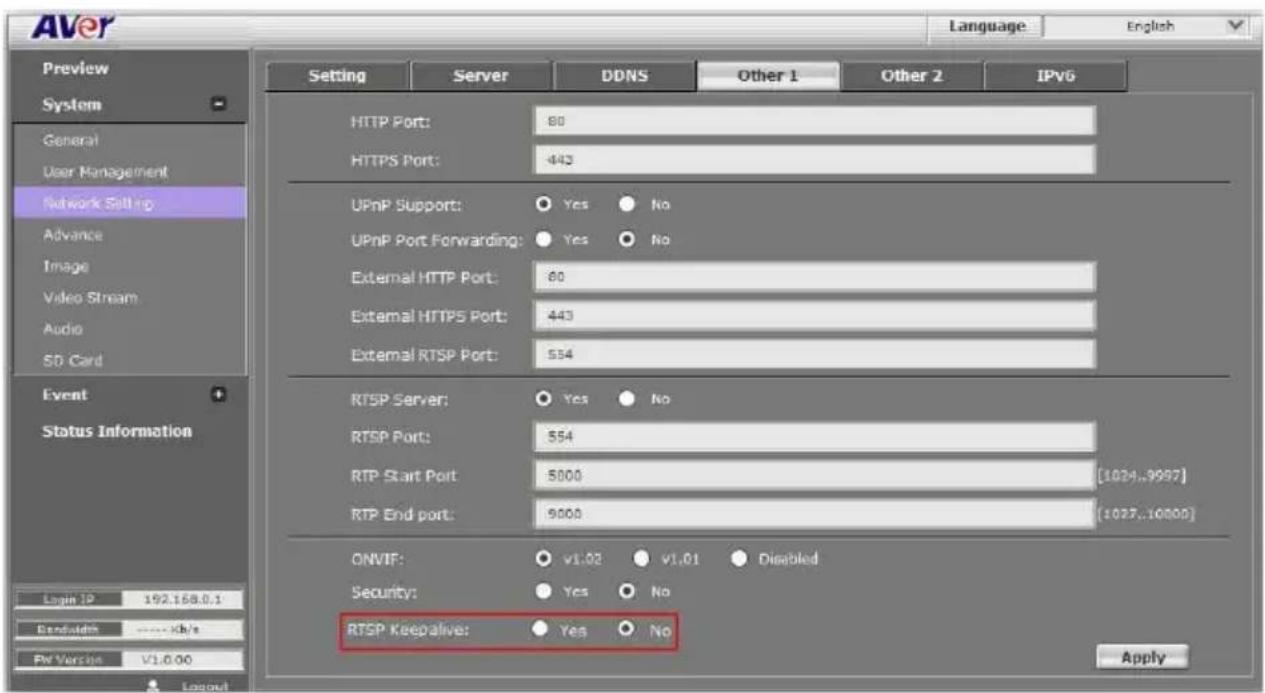 Aver Language English Preview System General User Management Network Setting Advance Image Video Stream Audio SD Card Event Status Information Login IP 192.168.0.1 Bandwidth ---- kb/s Pv Version V1.0.00 Setting Server DDNS Other 1 Other 2 IPv6 HTTP Port: 80 HTTPS Port: 443 UPnP Support: Yes No UPnP Port Forwarding: Yes No External HTTP Port: 60 External HTTPS Port: 443 External RTSP Port: 554 RTSP Server: Yes No RTSP Port: 554 RTP Start Port 5000 [1024..9997] RTP End port: 9000 [1027..10000] ONVIF: v1.02 v1.01 Disabled Security: Yes No RTSP Keepalive: Yes No Apply
