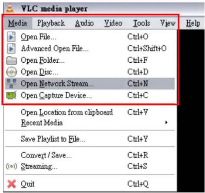 VLC media player Media Playback Audio Video Tools View Help Open File... Ctrl+O Advanced Open File... Ctrl+Shift+O Open Folder... Ctrl+F Open Disc... Ctrl+D Open Network Stream... Ctrl+N Open Capture Device... Ctrl+C Open Location from clipboard Ctrl+V Recent Media Save Playlist to File... Ctrl+Y Convert / Save... Ctrl+R Streaming... Ctrl+S Quit Ctrl+Q