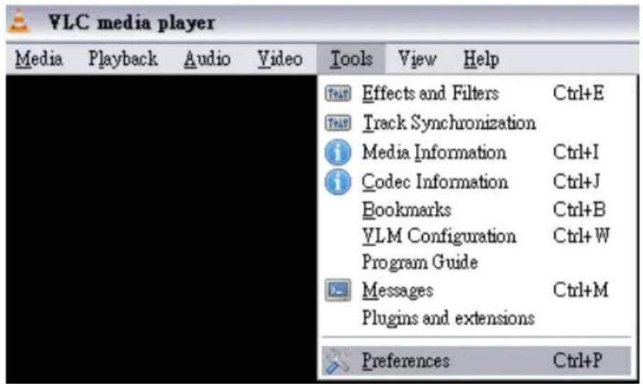 VLC media player Media Playback Audio Video Tools View Help Effects and Filters Ctrl+E Track Synchronization Media Information Ctrl+I Codec Information Ctrl+J Bookmarks Ctrl+B VLM Configuration Ctrl+W Program Guide Messages Ctrl+M Plugins and extensions Preferences Ctrl+P