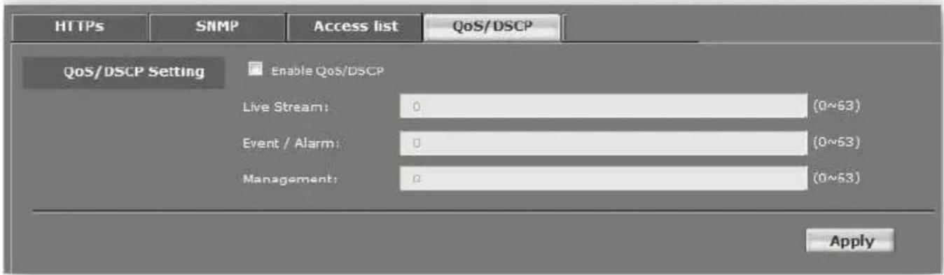 HTTPS SNMP Access list QoS/DSCP QoS/DSCP Setting Enable QoS/DSCP Live Stream: 0 (0~53) Event / Alarm: 0 (0~53) Management: 0 (0~53) Apply