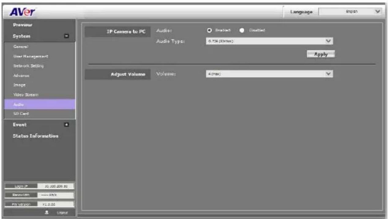AVer Language English Preview System General User Management Network Setting Advance Image Video Stream Audio SD Card Event Status Information IP Camera to PC Audio1 Emblem3 Disabled Audio Type: G.728 (2Kbps) Apply Adjust Volume Volume: 4(Max) Logos IP: 10.200.209.81 Remunism: —— Mb/s Play version: 71.0.02 LOGO