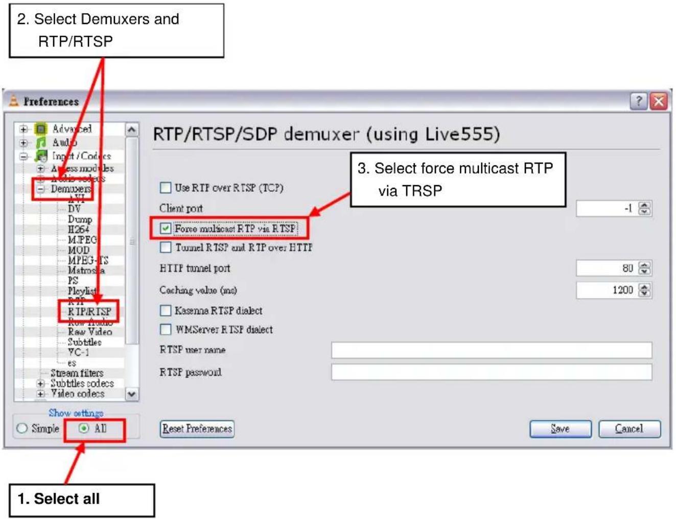 2. Select Demuxers and RTP/RTSP Preferences RTP/RTSP/SDP demuxer (using Live555) 3. Select force multicast RTP via TRSP 1. Select all Show settings Simple All Reset Preferences Save Cancel