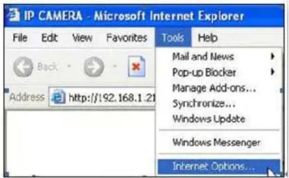 IP CAMERA - Microsoft Internet Explorer File Edit View Favorites Tools Help Back Address http://192.168.1.21 Mail and News Pop-up Blocker Manage Add-ons... Synchronize... Windows Update Windows Messenger Internet Options...