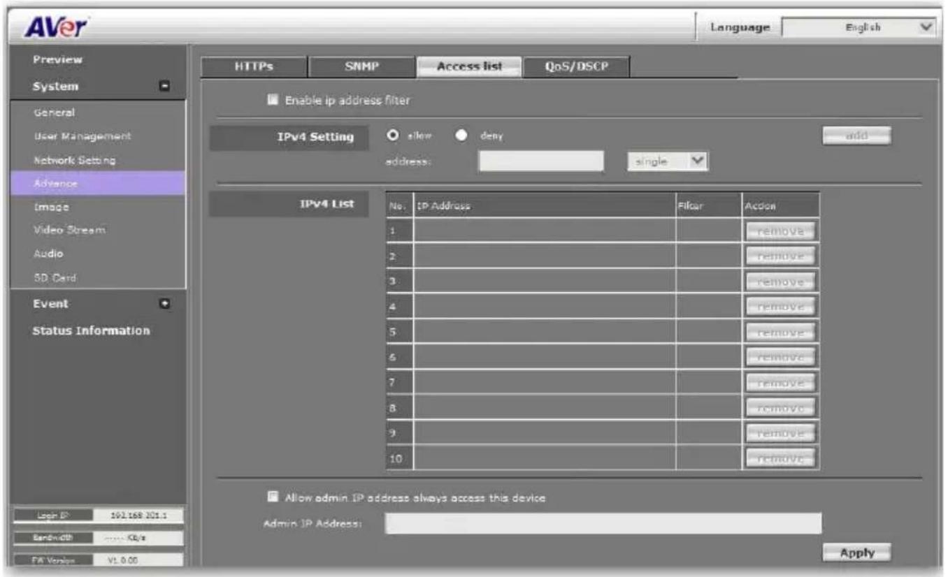 AVer Language English Preview SNMP Access list QoS/DSCP HTTPS SNMP Enable ip address filter IPv4 Setting allow deny address: single Index IPv4 List No. IP Address Filter Action 1 remove 2 remove 3 remove 4 remove 5 remove 6 remove 7 remove 8 remove 9 remove 10 remove Allow admin IP address always access this device Admin IP Address: Apply
